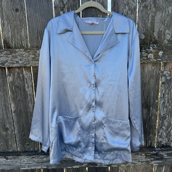 Victoria Secret 2 Piece Sky Baby Blue Satin Pajama Set XL Button Up Top & Pants - Picture 3 of 10